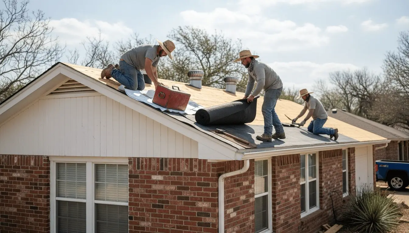 Roofers laying underlayment on a brick home roof with exposed decking