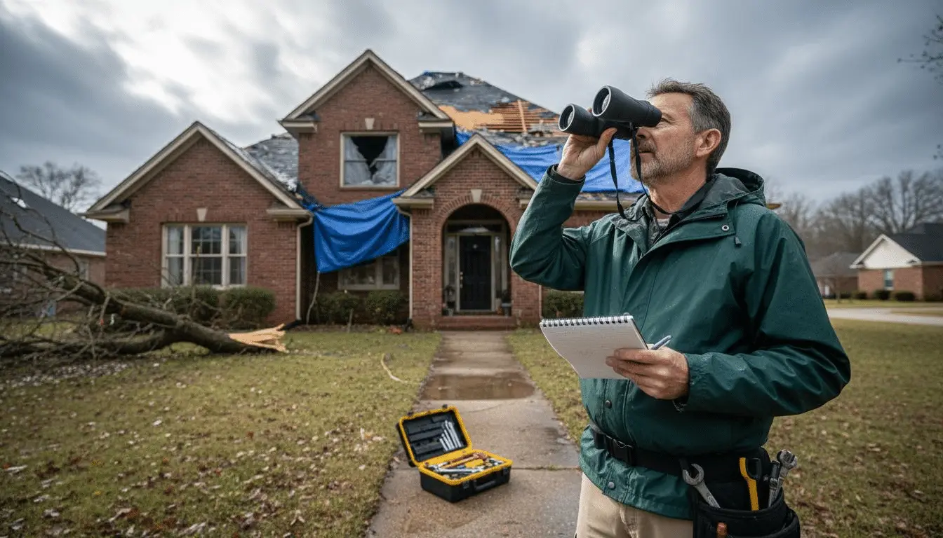 Inspector with binoculars and notepad in front of a brick home with a tarped roof and fallen tree