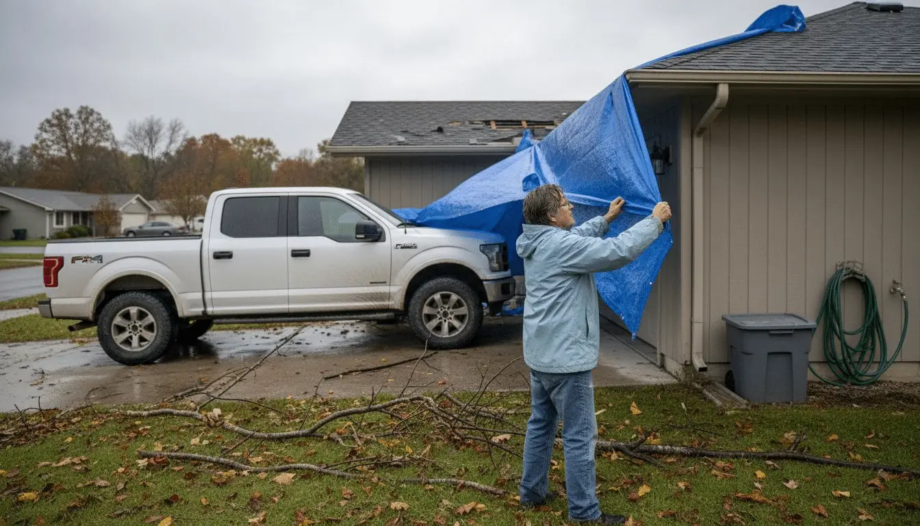 Homeowner tarping roof after storm damage