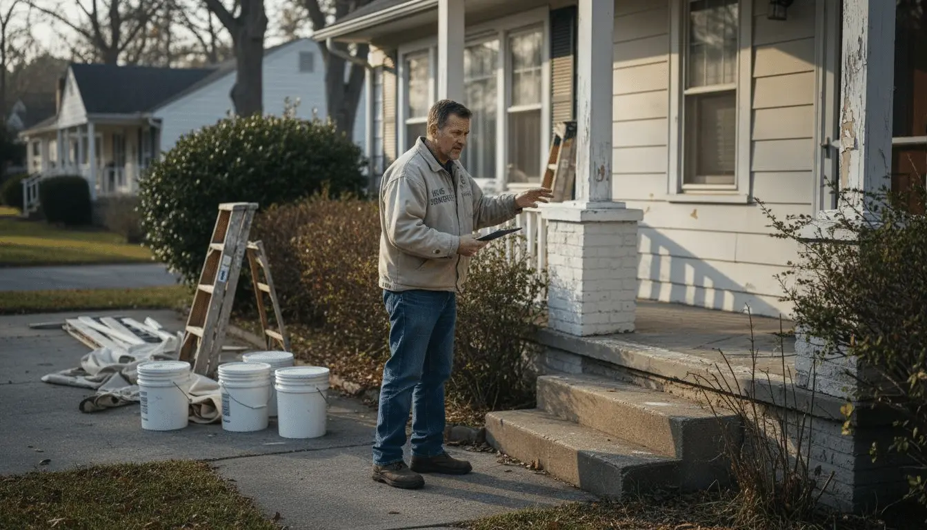 Contractor with tablet inspecting a house porch with a ladder and paint buckets in the yard