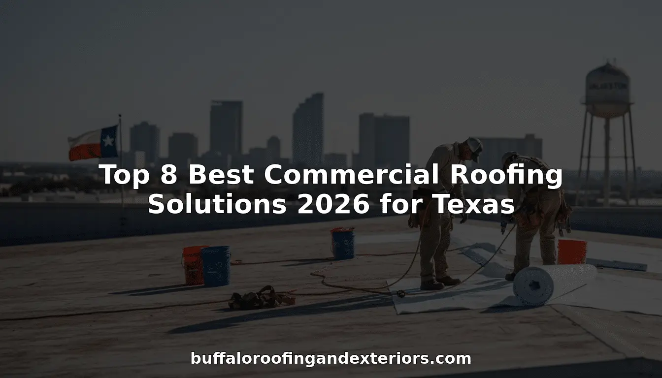 Roofers installing membrane on a flat commercial roof, titled Top 8 Best Commercial Roofing Solutions 2026 for Texas