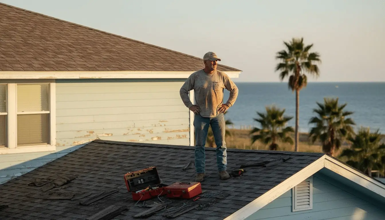 Roofer standing on a shingle roof near an open red toolbox with palm trees and ocean behind