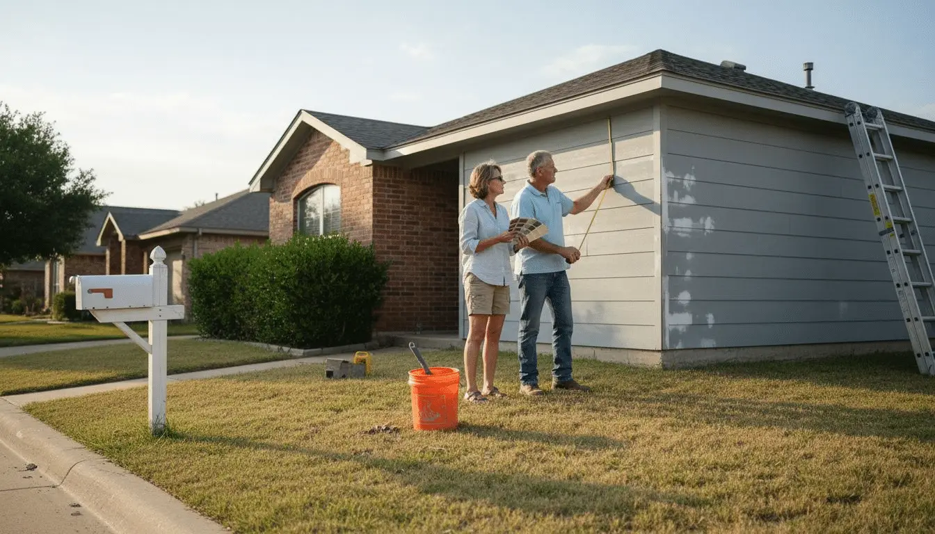 Couple holding color swatches and measuring gray siding on a brick home beside a ladder