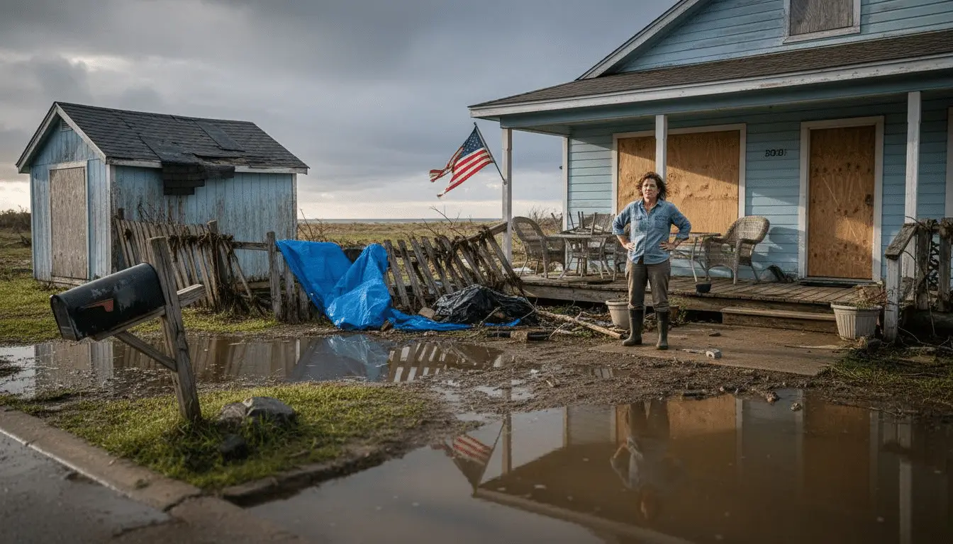 Homeowner standing in front of a storm-damaged coastal house with flooding, a blue tarp, and boarded door