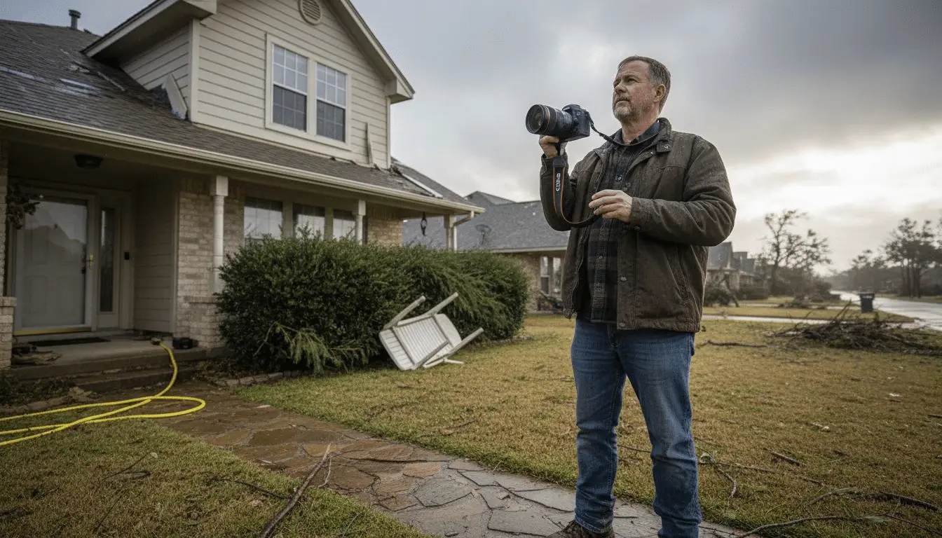 Homeowner photographing storm damage with a camera beside a fallen chair and debris-strewn yard