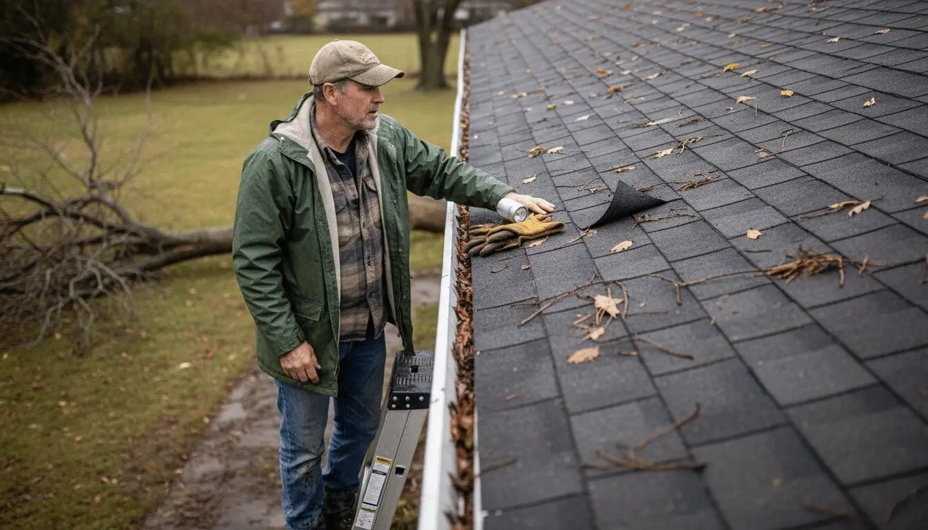 Homeowner on a ladder checking clogged gutter with leaves and a damaged shingle on the roof