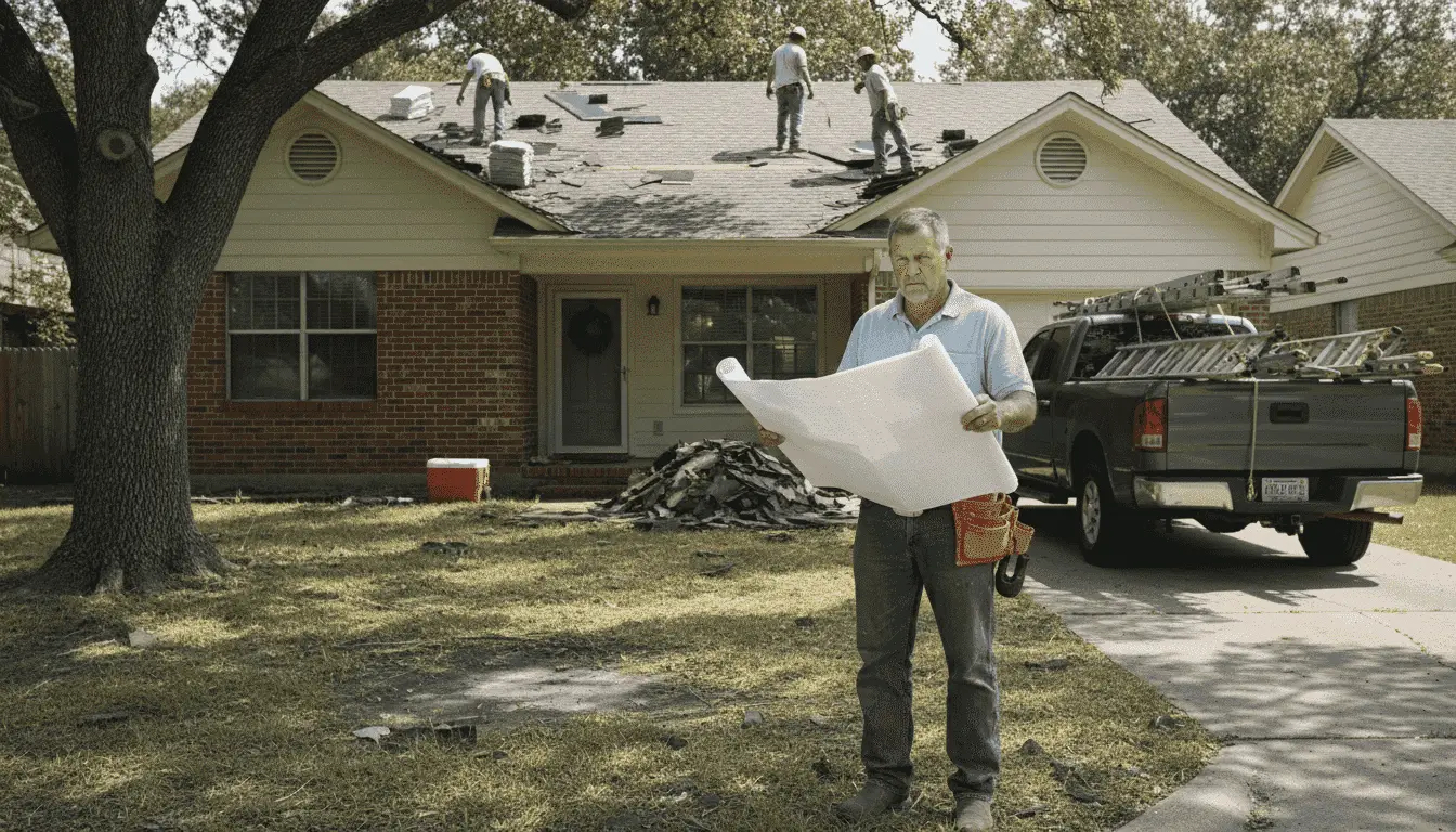 Contractor holding blueprints in a yard while roofers tear off shingles from a brick home