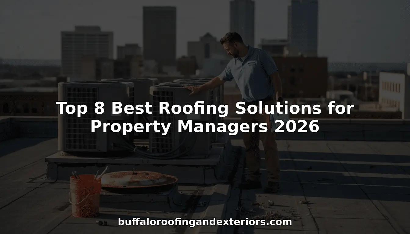 Technician checking rooftop HVAC units, with text Top 8 Best Roofing Solutions for Property Managers 2026