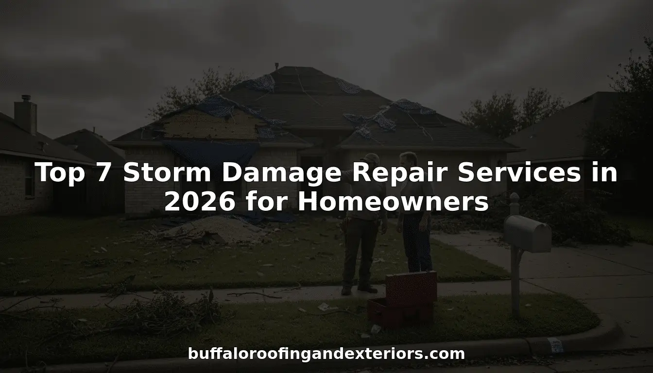 Dark storm-damaged home with tarped roof and text: Top 7 Storm Damage Repair Services in 2026