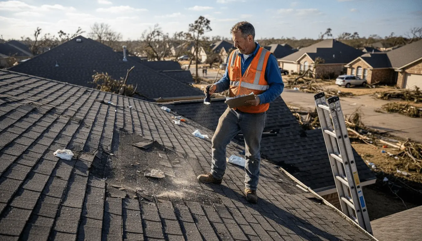 Roofer in orange safety vest inspecting storm-damaged shingles with debris-covered neighborhood below