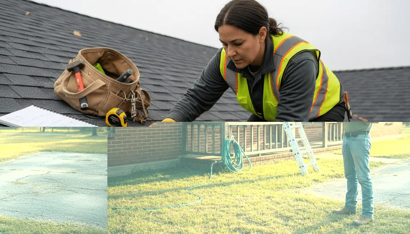 Inspector in safety vest examining asphalt shingles on a roof beside a tool bag and tape measure