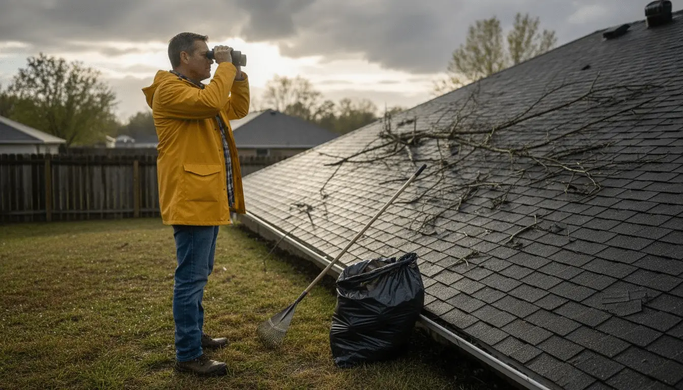 Man in yellow jacket viewing a roof through binoculars, with tree branches on the shingles and a rake nearby