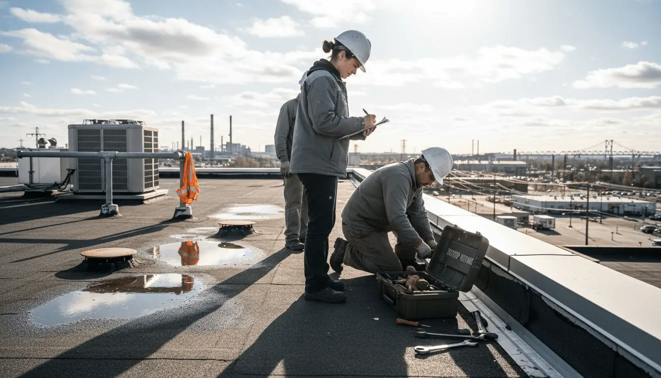 Inspectors with hard hats and clipboard checking standing water ponds on a flat commercial roof