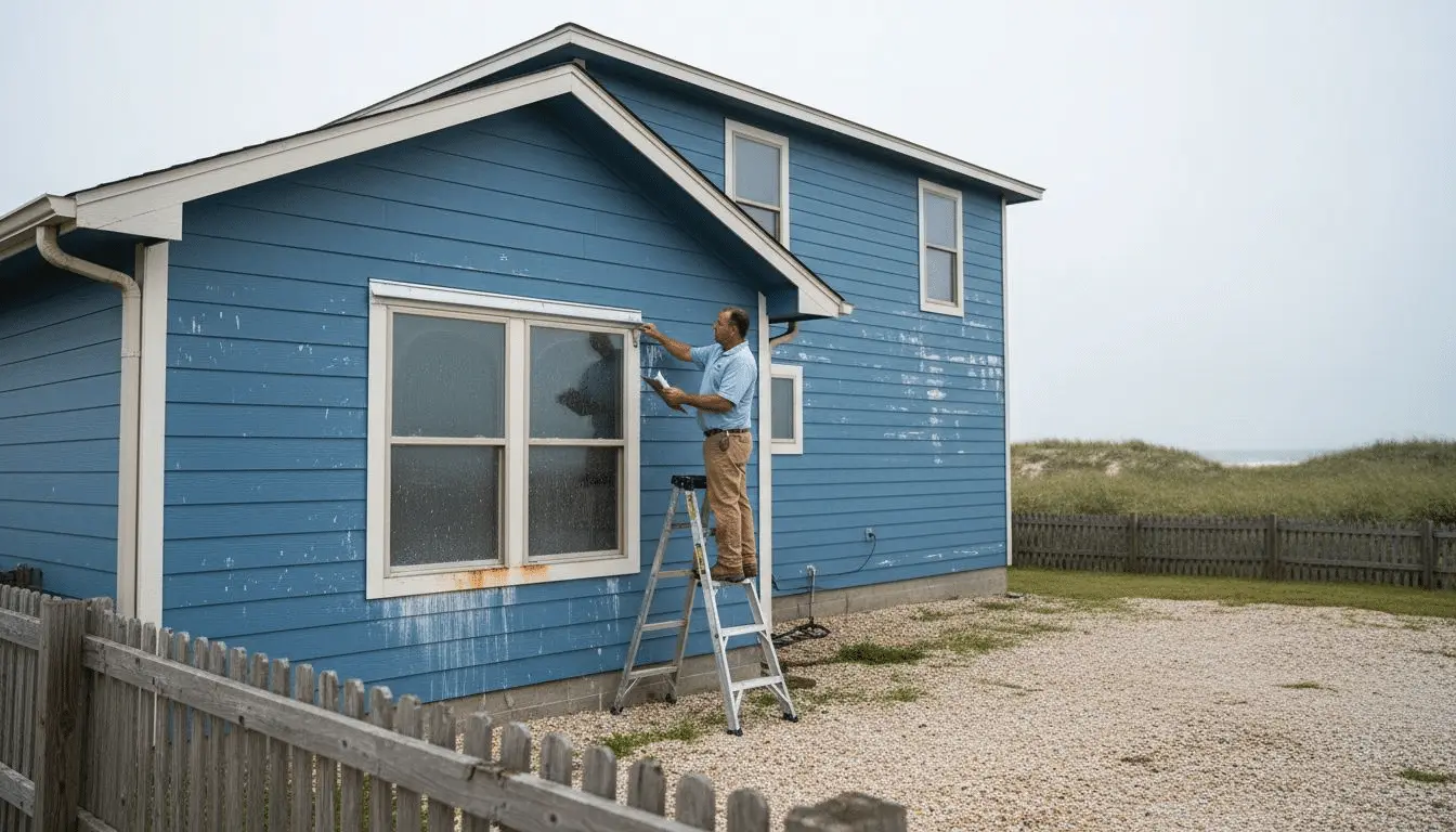 Man on a ladder inspecting or caulking the window trim of a blue sided house near dunes