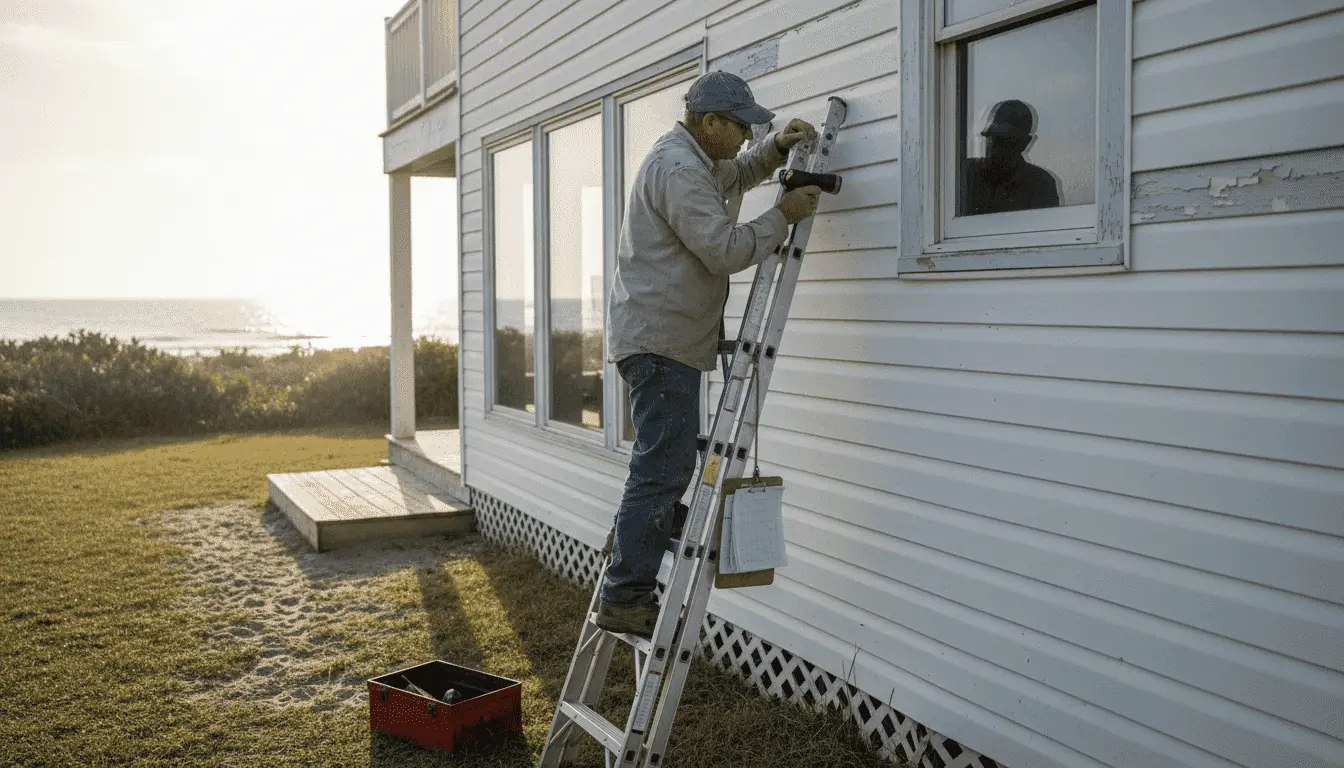 Worker on a ladder inspecting window and siding of a white home near the coast at sunrise