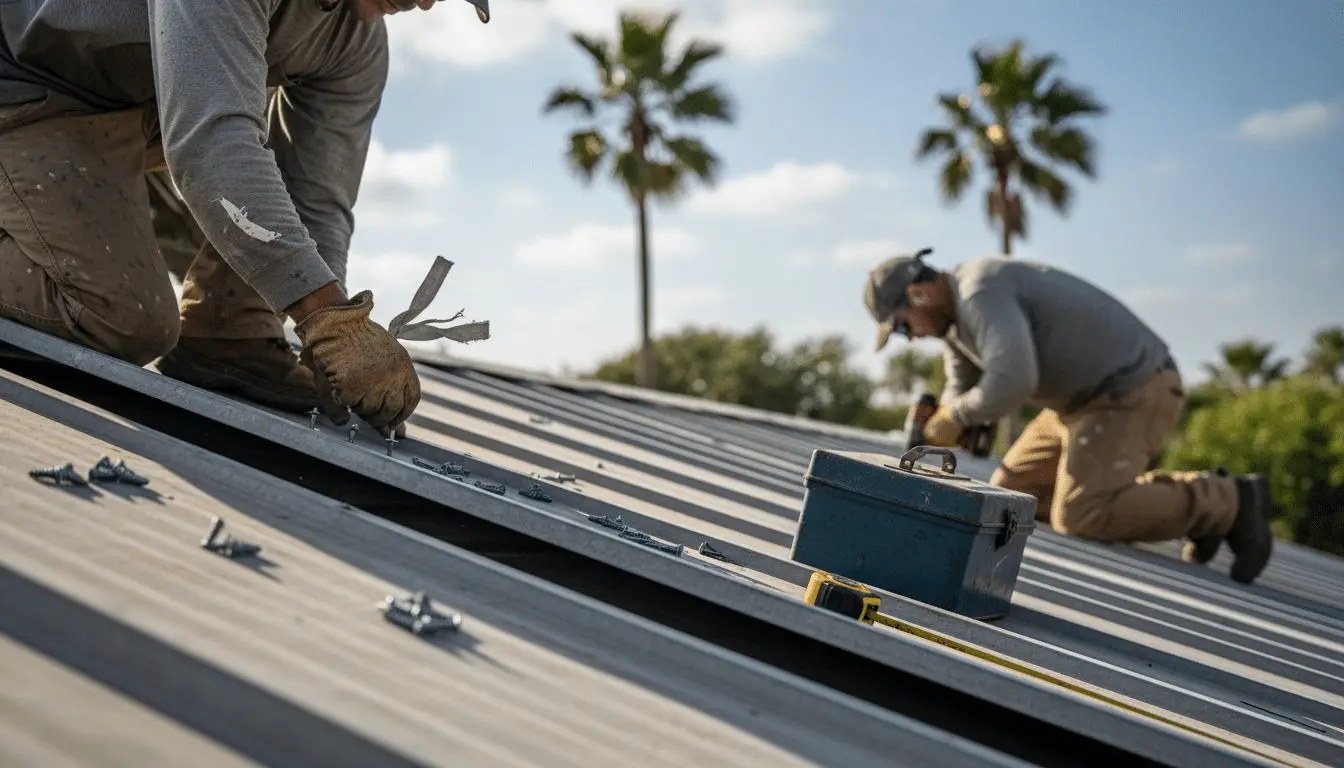 Two workers installing metal roof panels with fasteners and a toolbox, palm trees behind