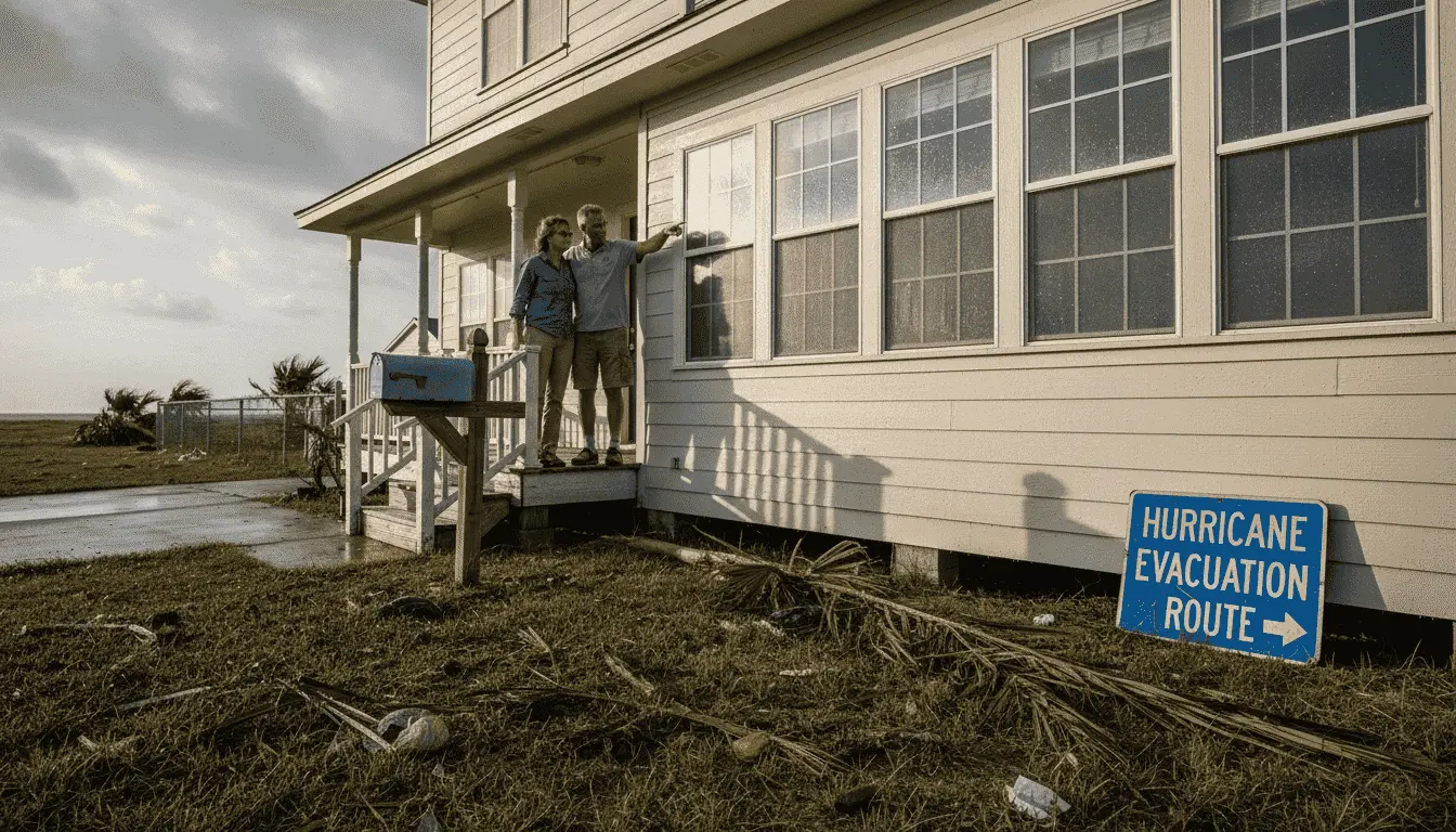 Couple standing on their porch near a hurricane evacuation route sign with storm debris on the lawn