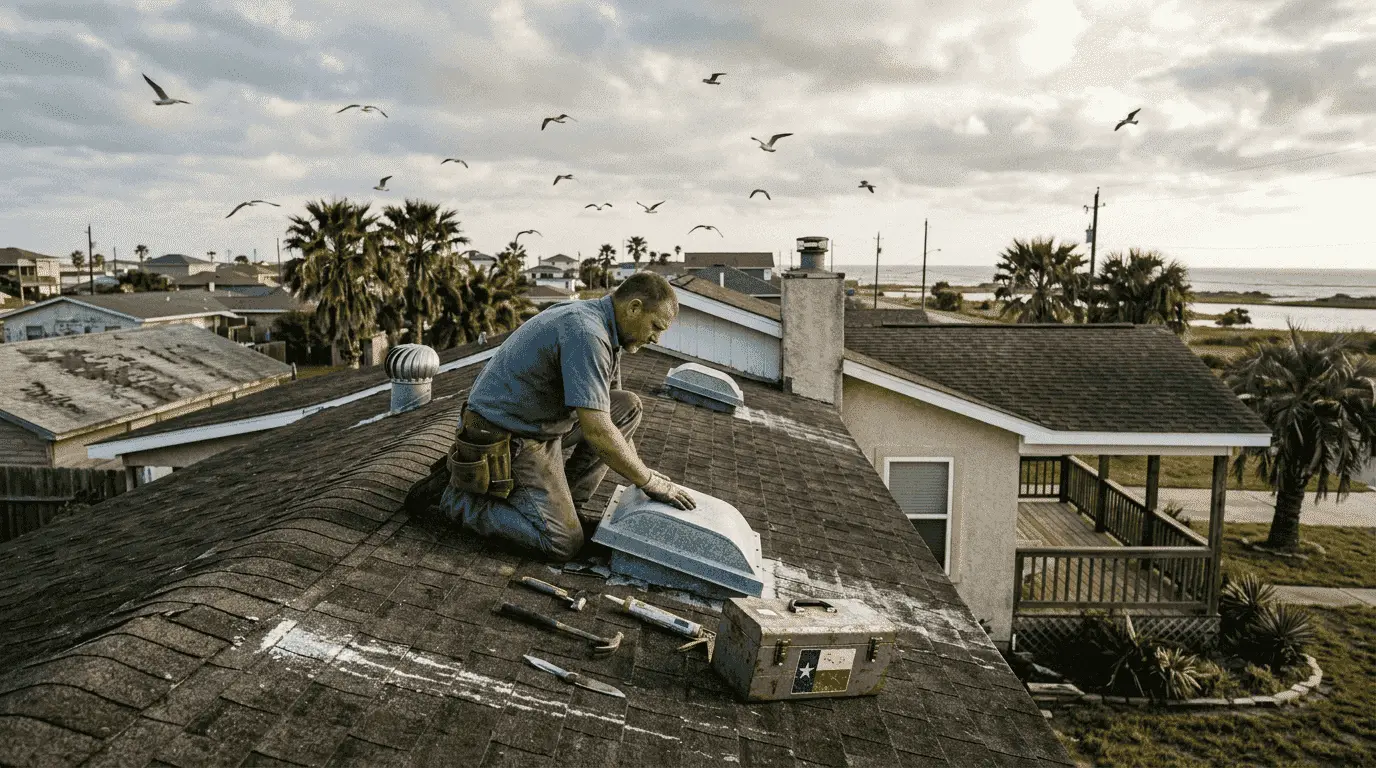 Roofer on a coastal home roof replacing a vent, with tools and a toolbox nearby