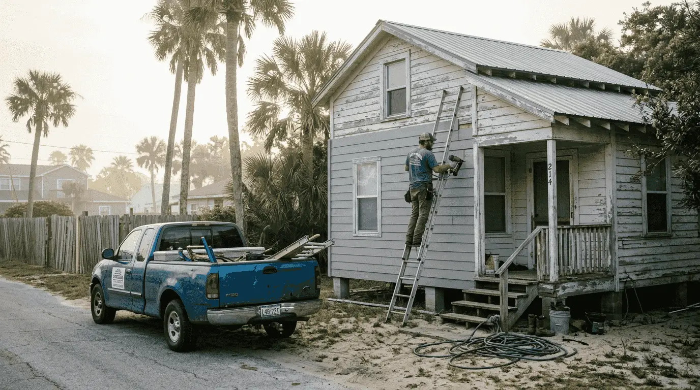 Contractor on a ladder working on siding of a small gray coastal house with a work truck parked nearby