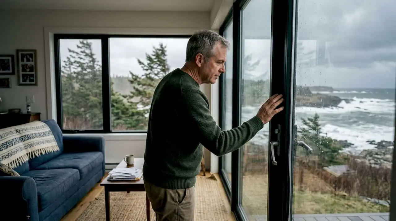 Coastal home interior with storm windows
