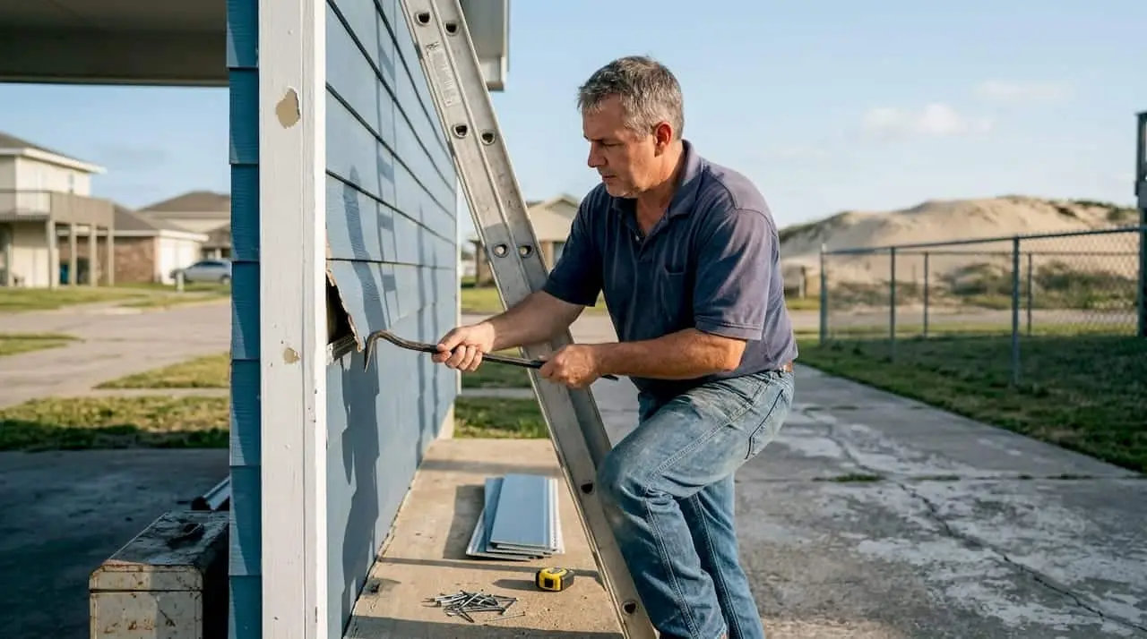 Contractor repairing damaged Texas coastal siding