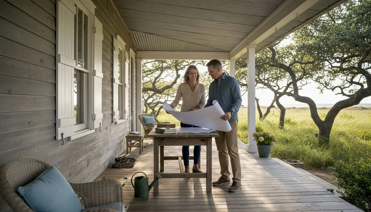 Couple and contractor outside renovated Texas home