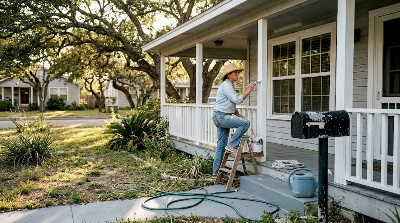 Homeowner repainting trim on Texas coastal house