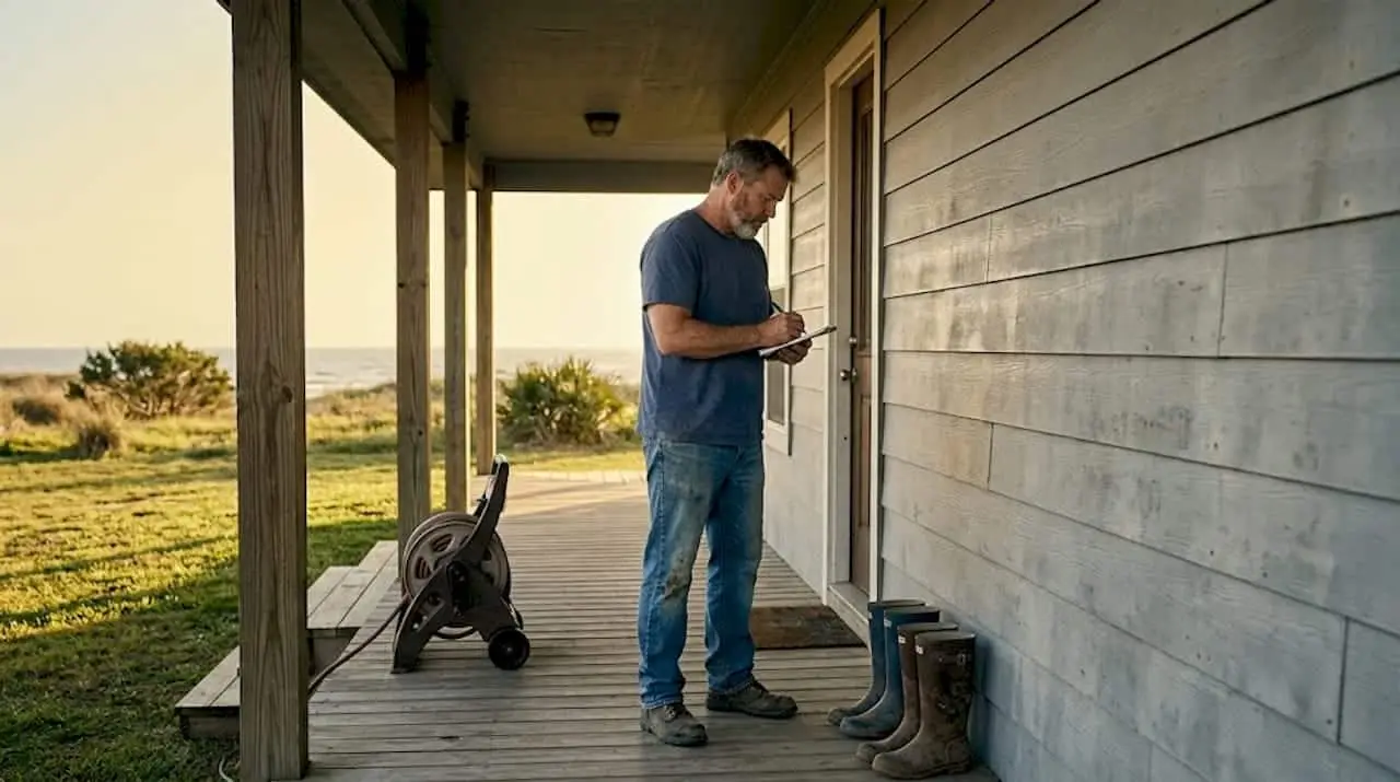 Homeowner inspecting siding on coastal house