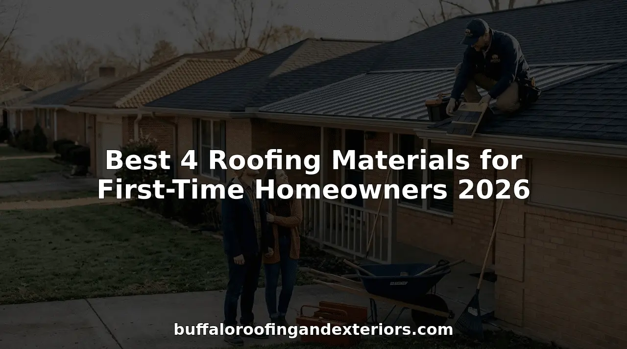 Homeowners with roofer comparing roofing materials outside house
