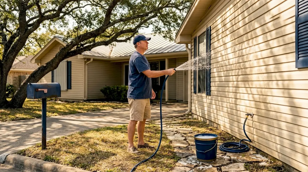 Homeowner rinsing siding on Texas coastal house