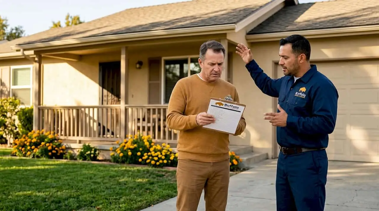 Homeowner reviewing roof replacement checklist