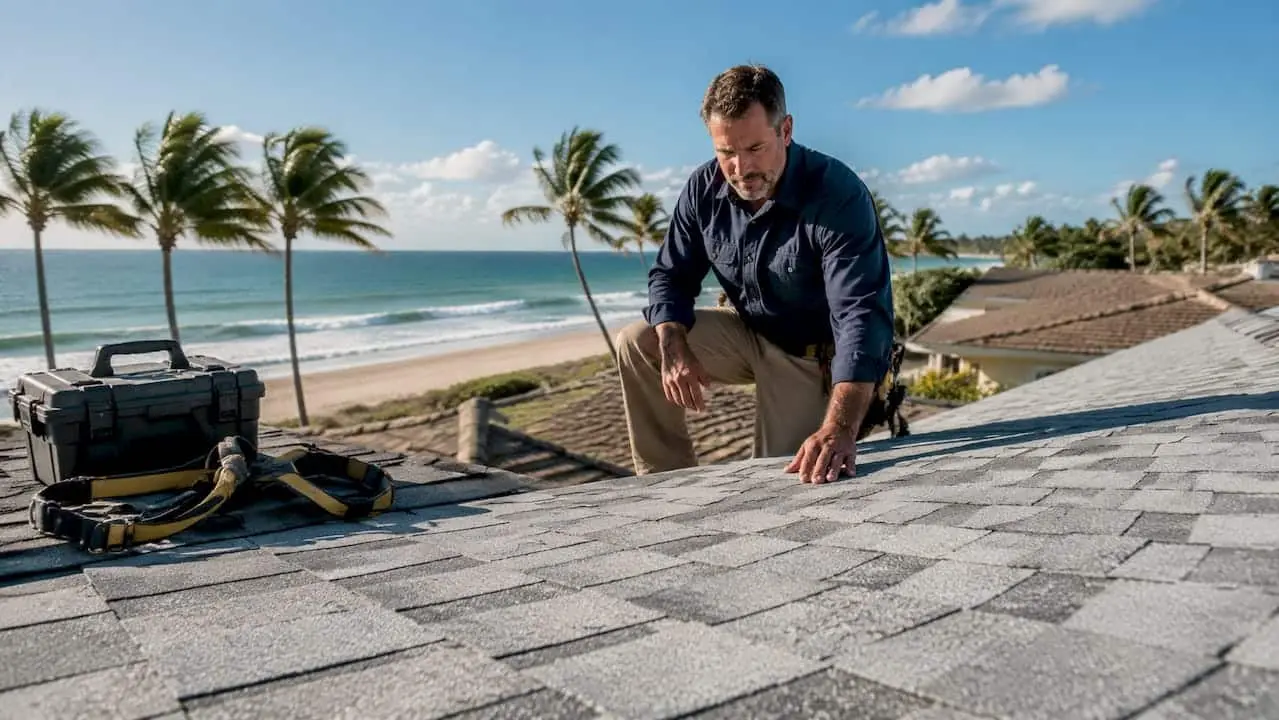 Roofer inspecting reflective metal roofing on coastal house