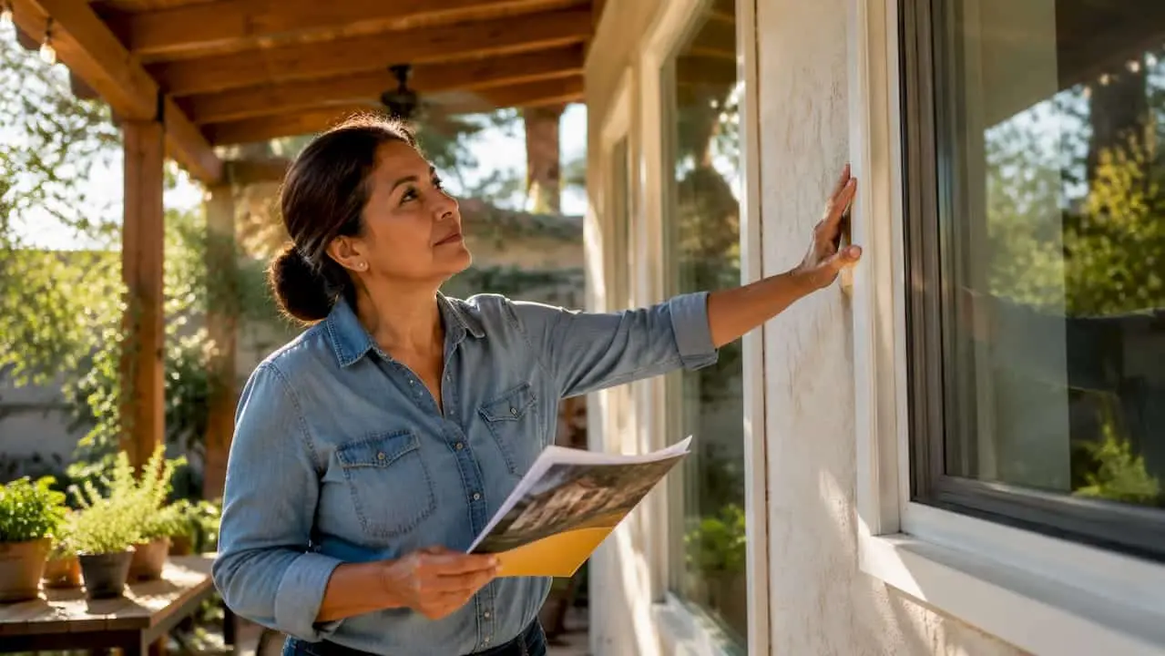 Homeowner inspecting impact windows indoors