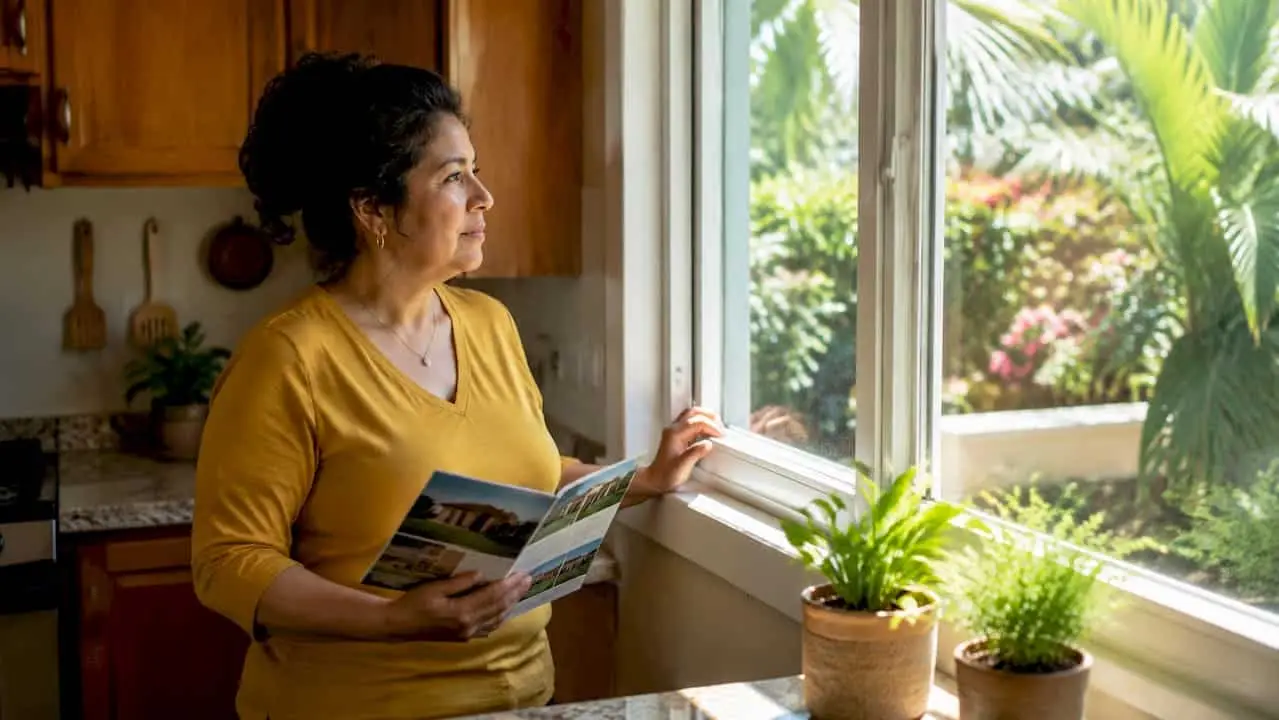 Homeowner inspecting impact-resistant window indoors