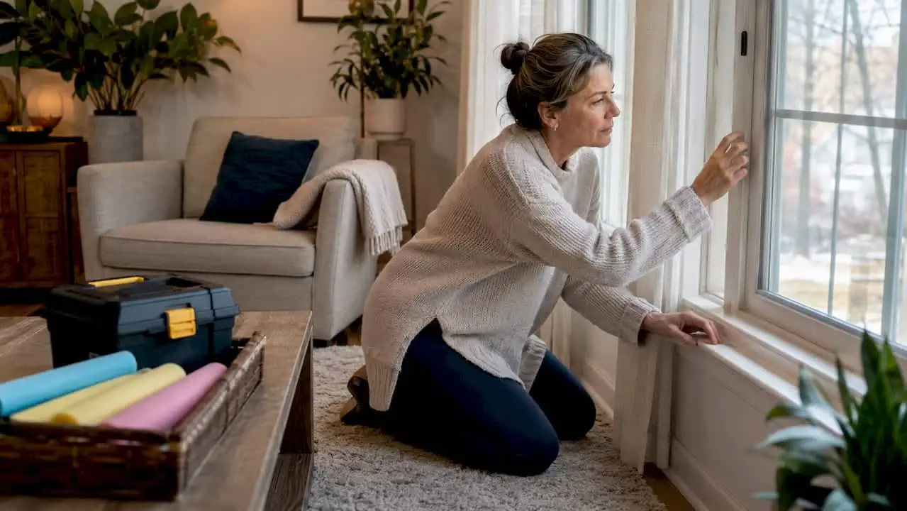Homeowner inspecting window frame insulation