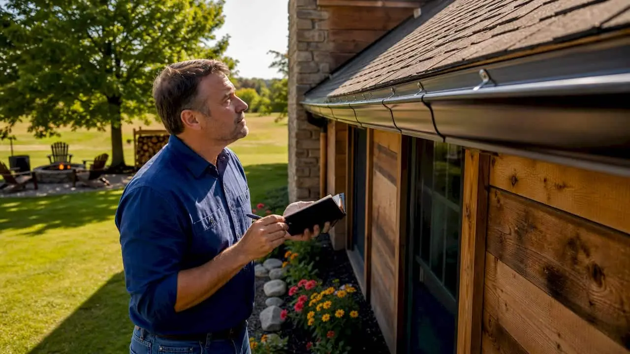 Homeowner inspecting newly installed gutters outdoor