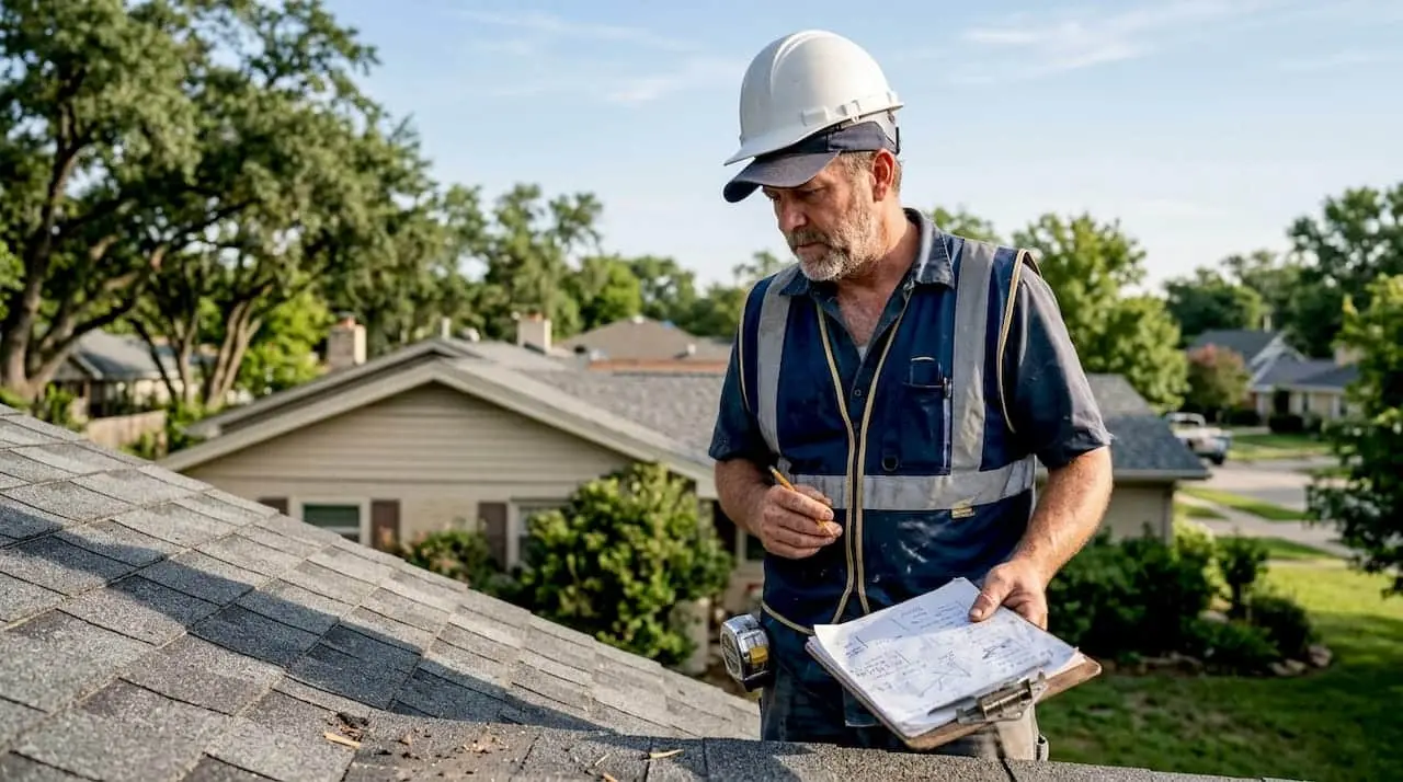 Roofing contractor inspecting newly installed shingles on roof