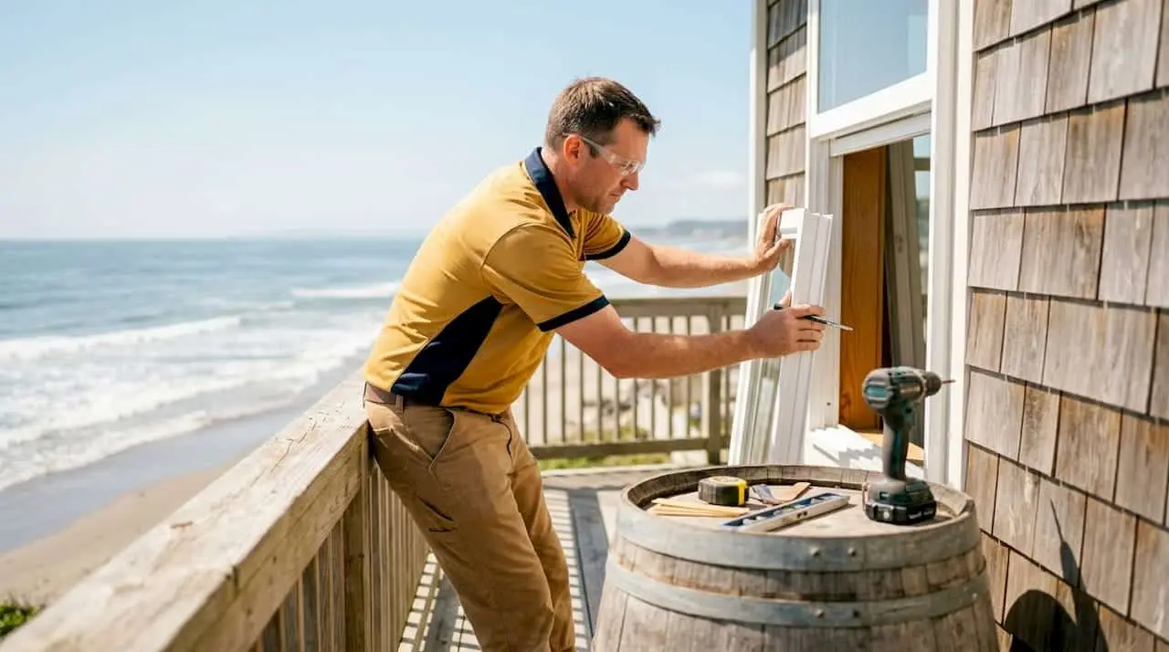 Installer fitting window on coastal home exterior