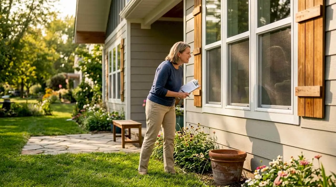 Homeowner inspecting energy-saving exterior upgrades