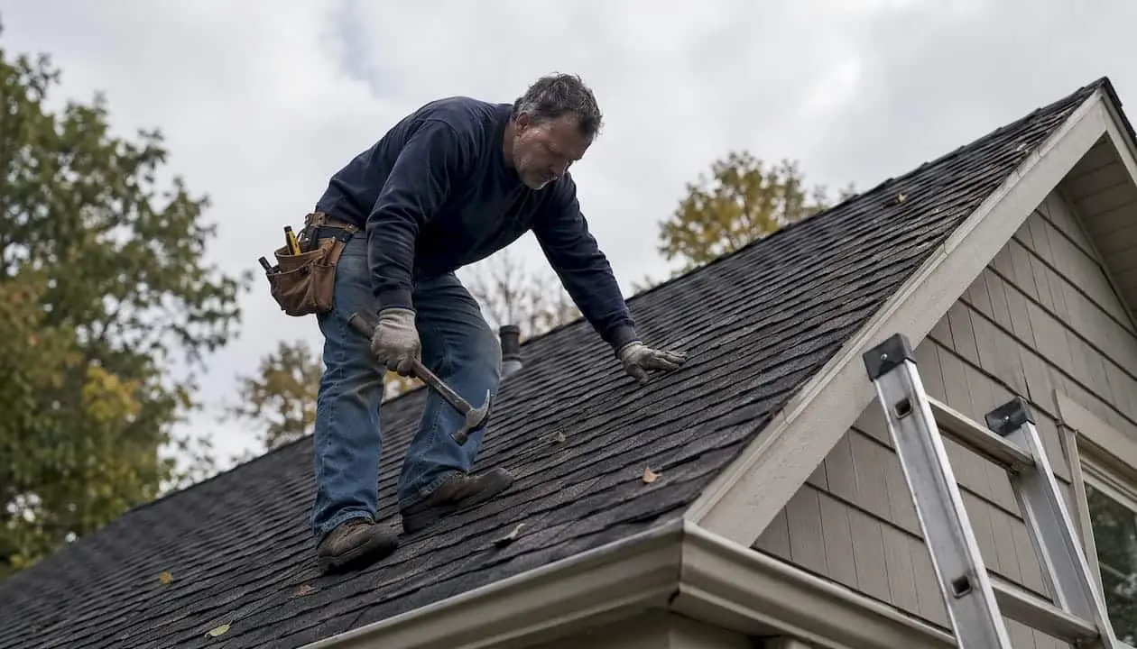 Homeowner inspecting asphalt shingles on roof