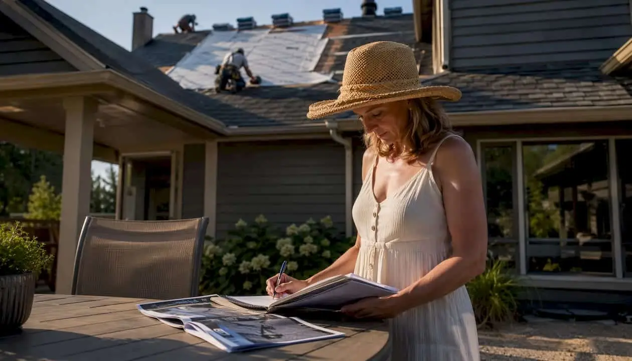 Homeowner examining roofing underlayment options outdoors