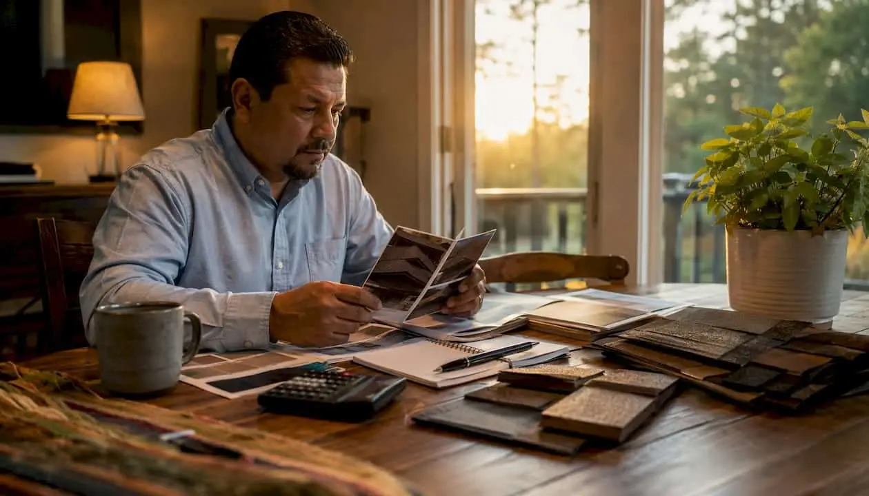 Homeowner reviewing roofing options indoors