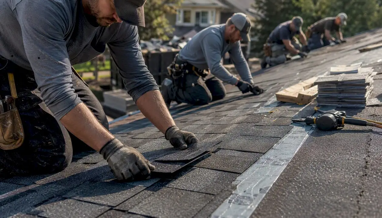 Hands installing asphalt shingles on a residential roof