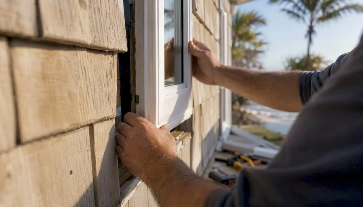Hands installing window frame on coastal home