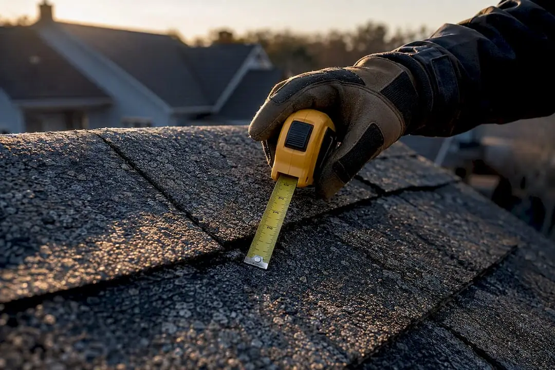 Contractor measuring weathered roof shingles