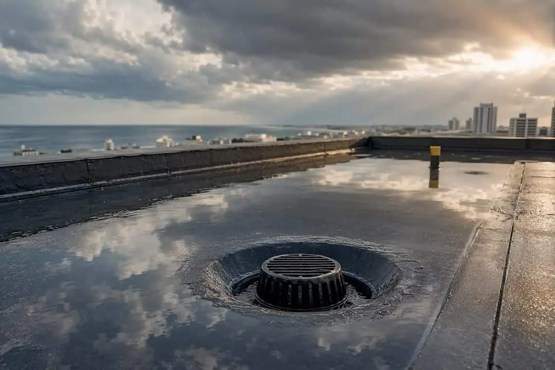 Standing water surrounding a flat roof drain