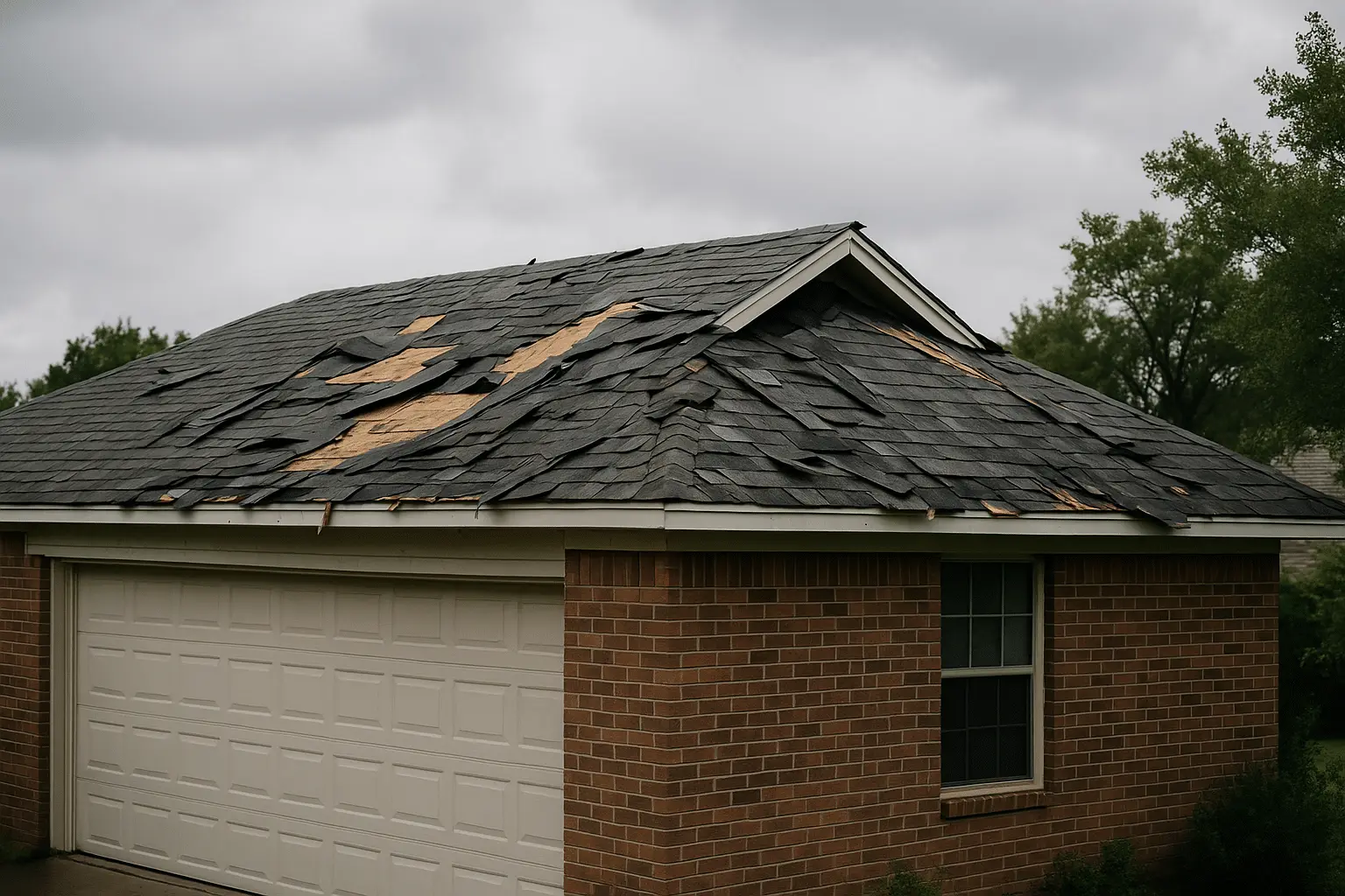 Hurricane-damaged asphalt shingle roof with torn shingles and exposed decking above a brick garage