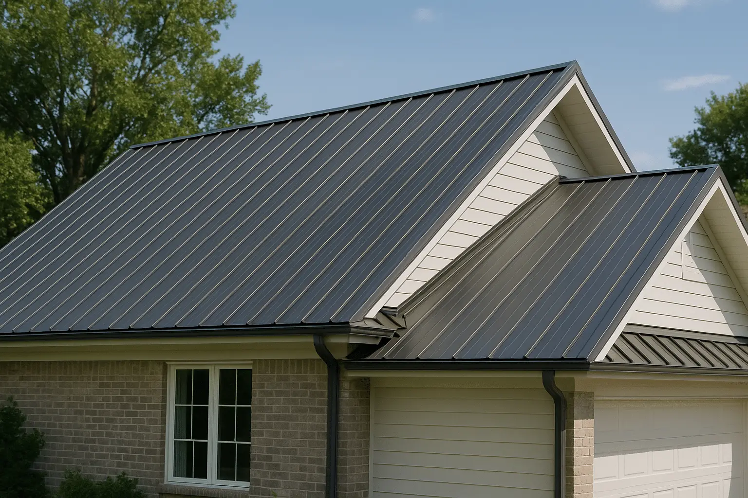 Dark standing seam metal roof on a brick home with gable ends and downspouts