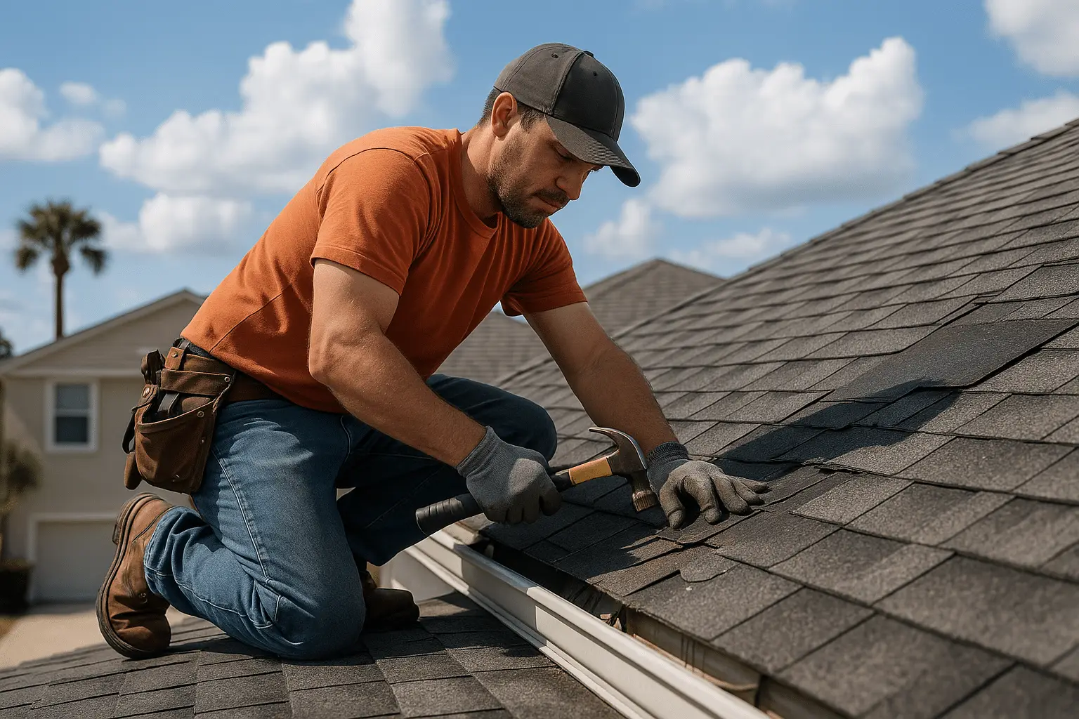 Roofer in orange shirt kneeling on an asphalt shingle roof edge, hammering near the gutter