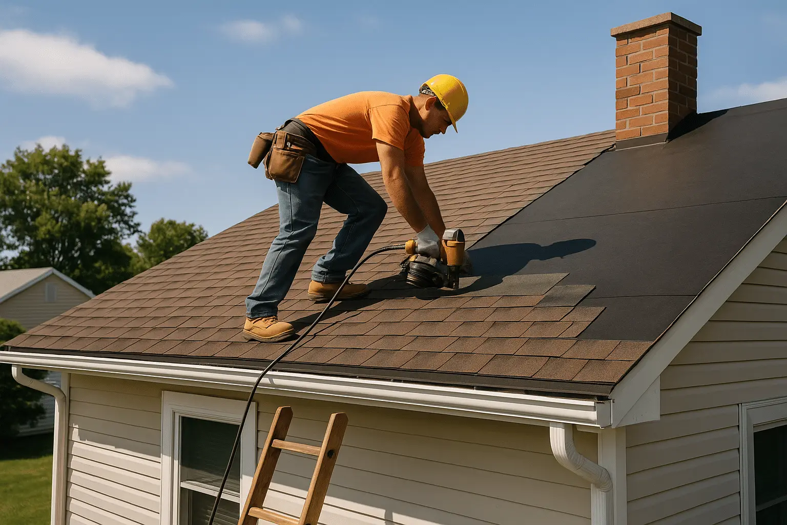 Roofer in yellow hard hat and orange shirt nailing shingles on a partly finished roof beside a brick chimney